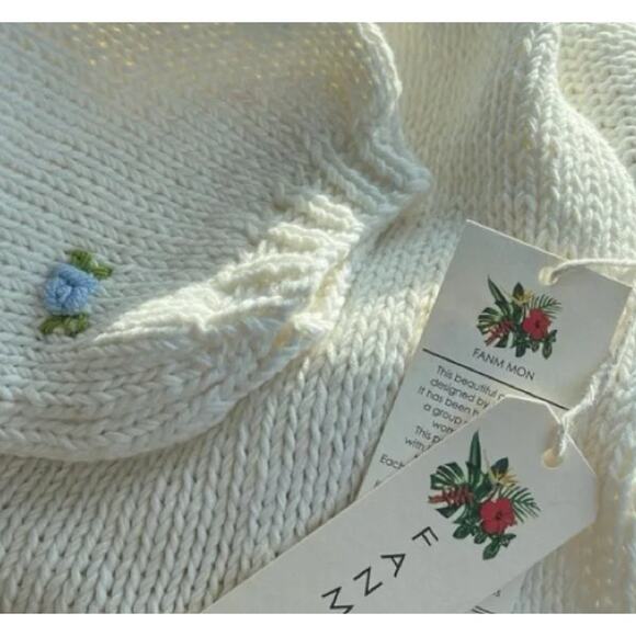 Fanm Mon Hand Knit Blue Rose Cardigan Cotton Sweater | Womens M L NEW - Picture 6 of 15